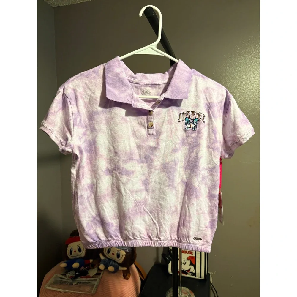 Justice Purple Tie Dye Button Up Polo Sz L YOUTH (12-14)